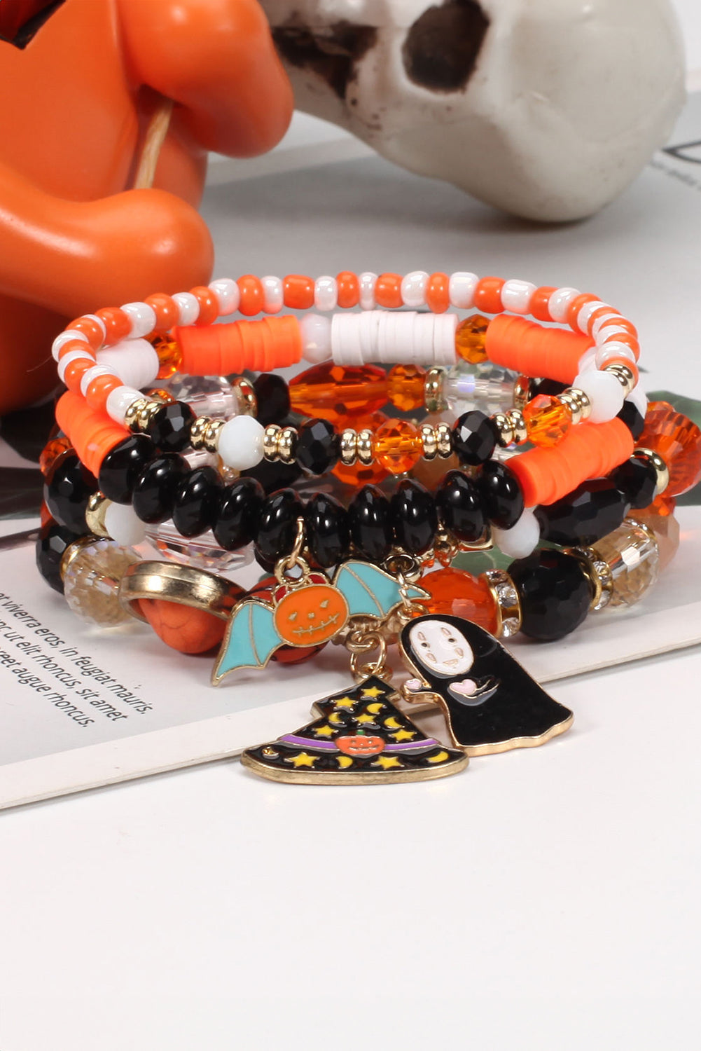 Halloween Pumpkin Ghost Pendant Layered Beaded Bracelet Set | Orange