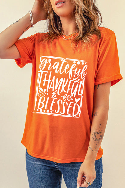 Grateful Thankful Blessed Printed Thanksgiving T Shirt | Orange