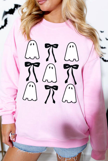 Ghost Bowknot Printed Drop Shoulder Halloween Sweatshirt | Pink