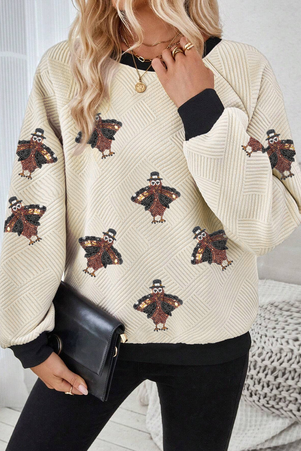 Textured Colourblock Edge Sequin Turkey Graphic Long Sleeve Top | Jet Stream