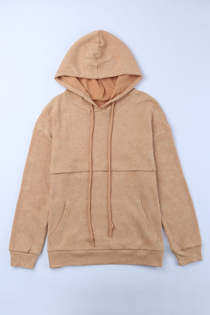 Waffle Knit Kangaroo Pocket Hooded Sweatshirt | Brown