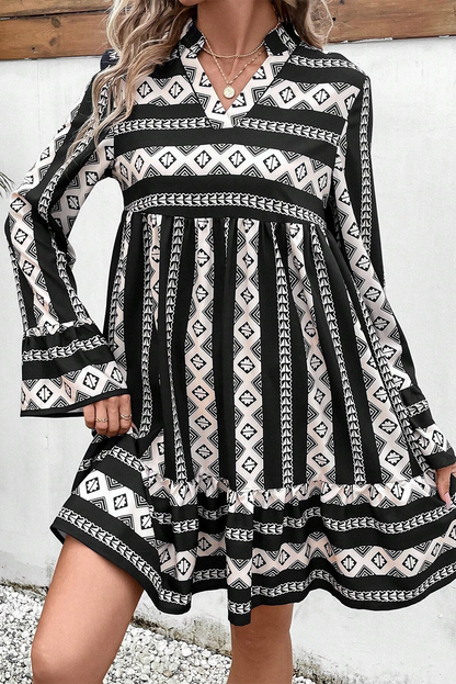 Boho Geometric Printed Flared Long Sleeve Mini Dress | Black