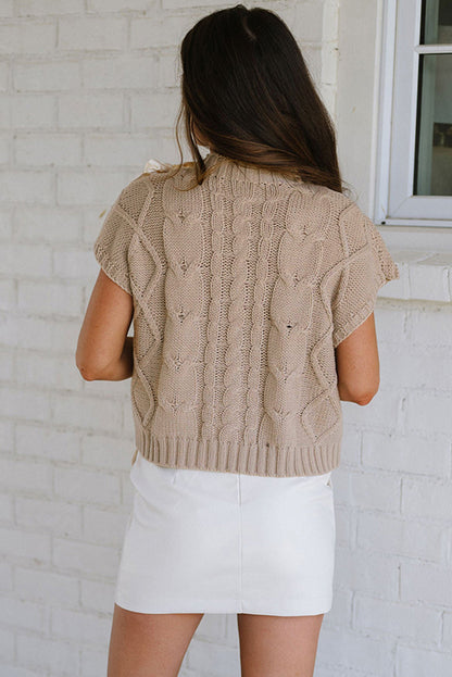 Cable Knit Colourblock Satin Bowknot Short Sleeve Sweater | Simply Taupe