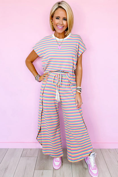 Rainbow Tee Tasseled String Wide Leg Pants Set | Pink Stripe