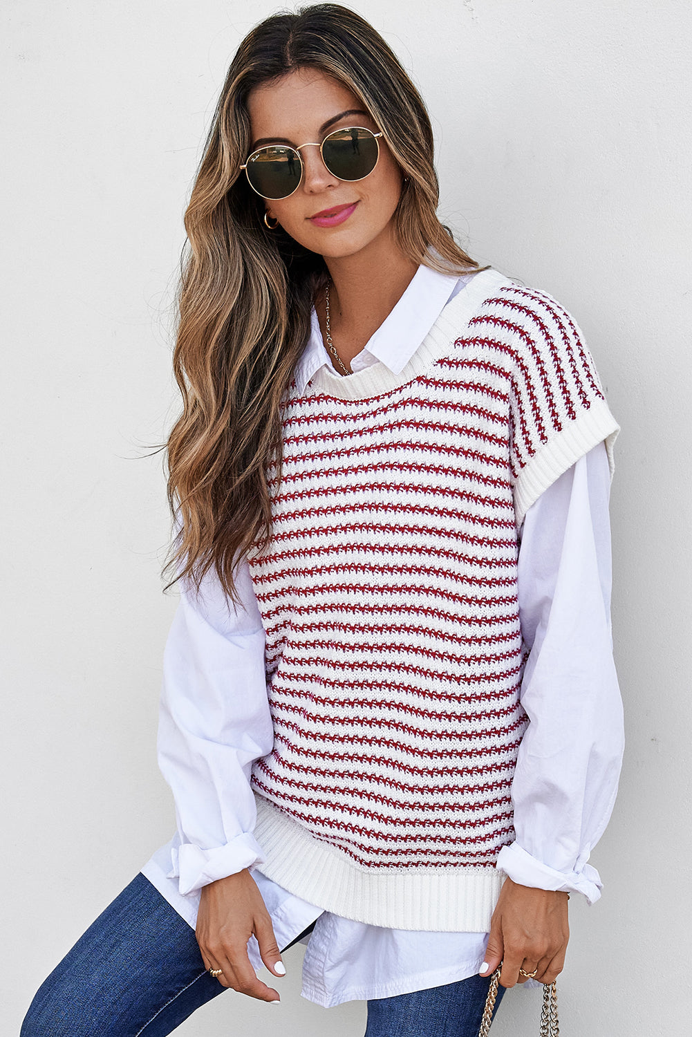 Ribbed Trim Loose Fit Knitted Sweater Vest | Red Stripe