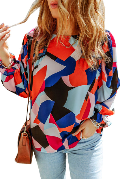 Abstract Pattern Crewneck Ruffled Puff Sleeve Blouse | Multicolour