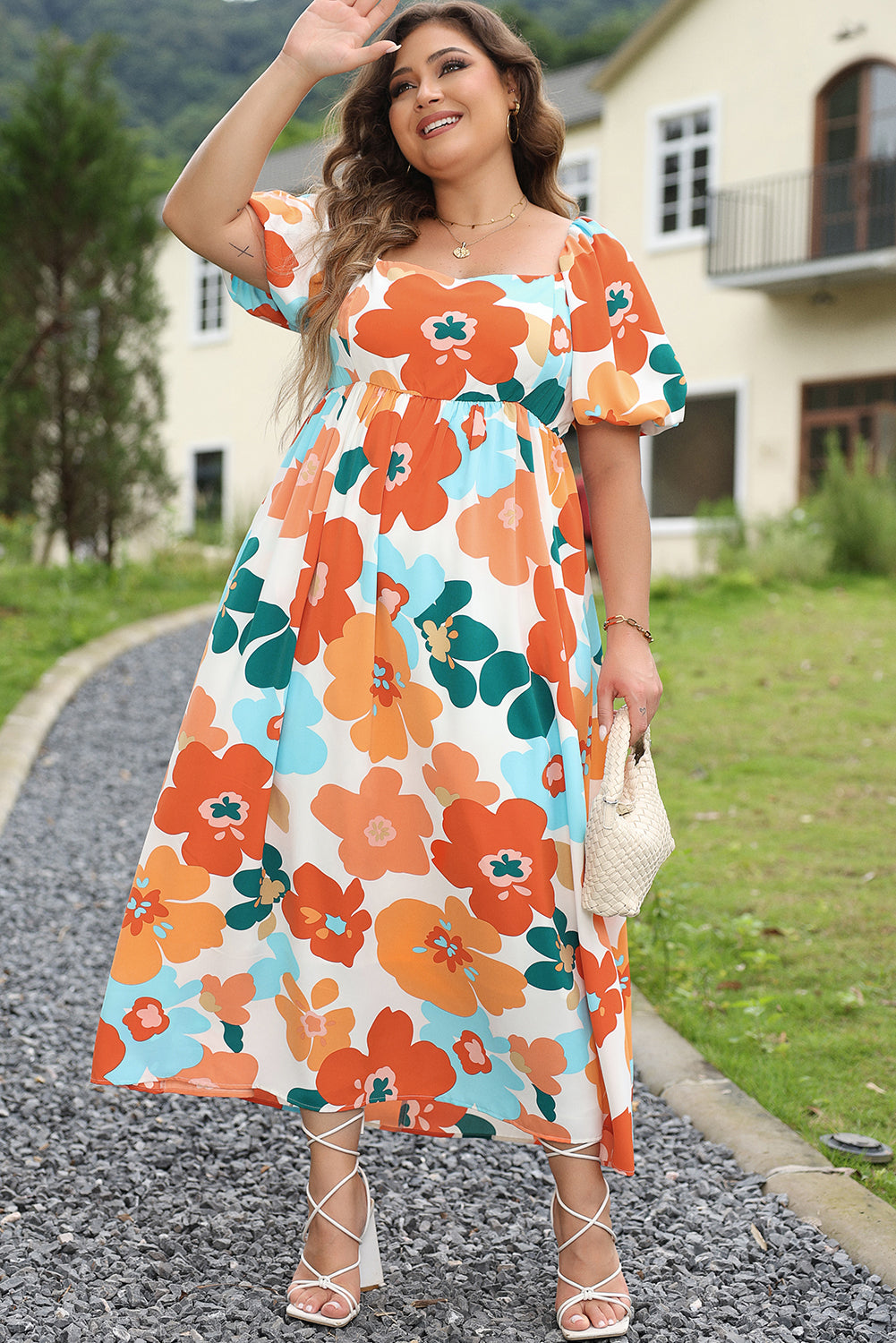 Plus Size Flower Print Shirred Square Neck Maxi Dress | Orange