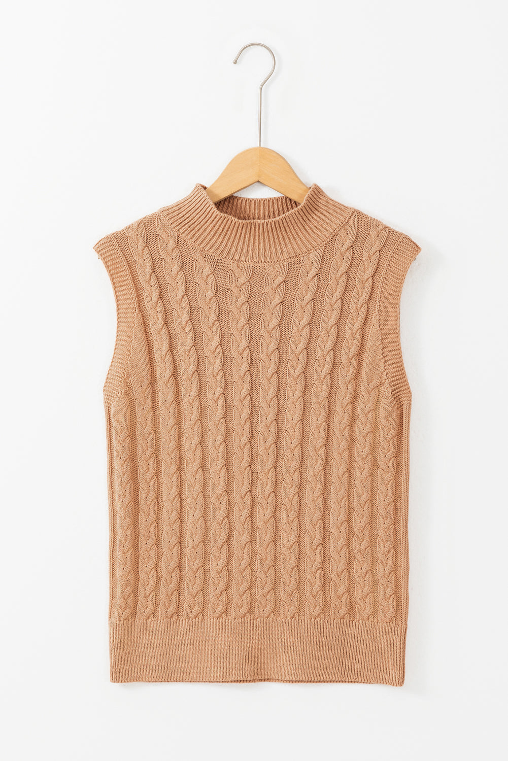 Solid Colour Cable Knit High Neck Tank Top | Light French Beige