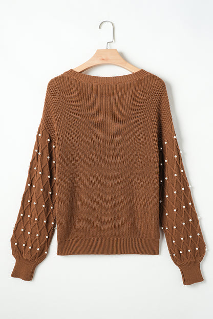 Beaded Drop Shoulder Round Neck Sweater | Chestnut