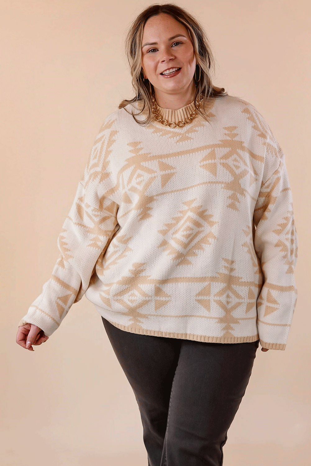 Plus Size Western Aztec Print Loose Sweater | Apricot