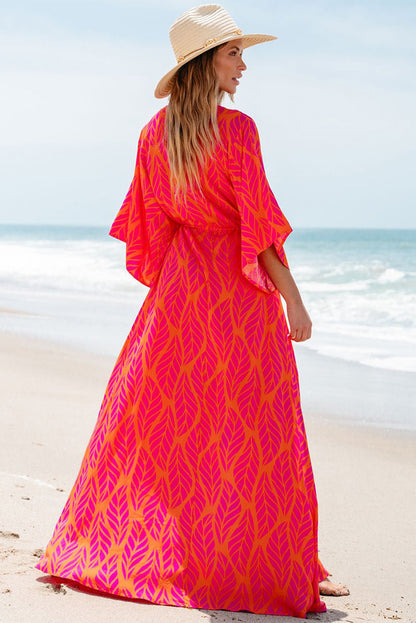 Leafy Print 3/4 Sleeve V Neck Buttoned Split Maxi Dress | Orange