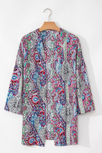 Paisley Print Open Front Kimono | Red