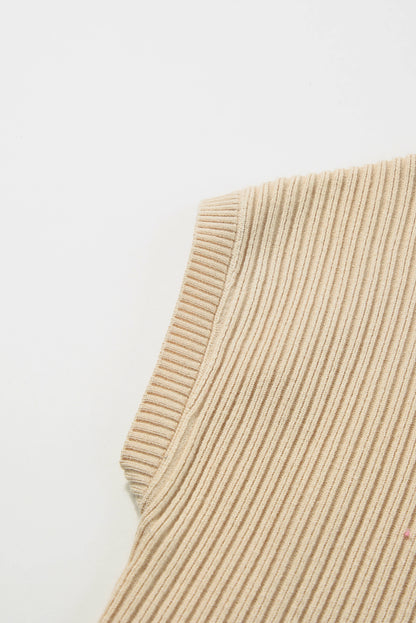 Patch Pocket Ribbed Knit Short Sleeve Sweater | Oatmeal