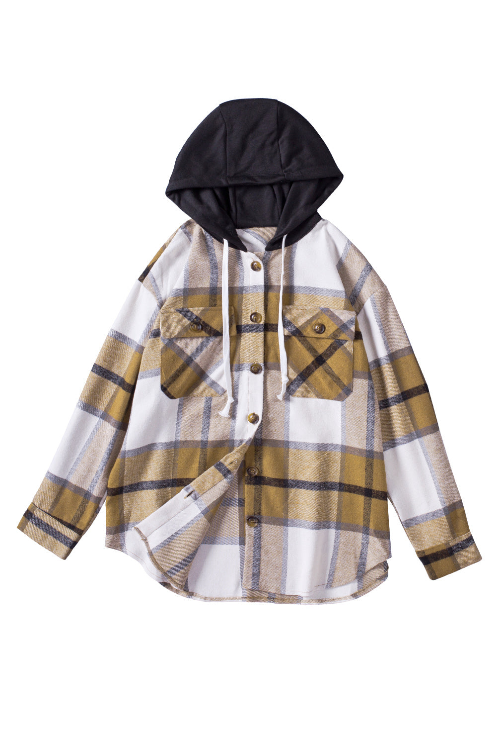 Plaid Button-Up Pocket Hooded Shirt Jacket | White