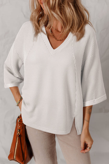 Solid Colour Corded Drop Shoulder 3/4 Sleeve V Neck Top | White