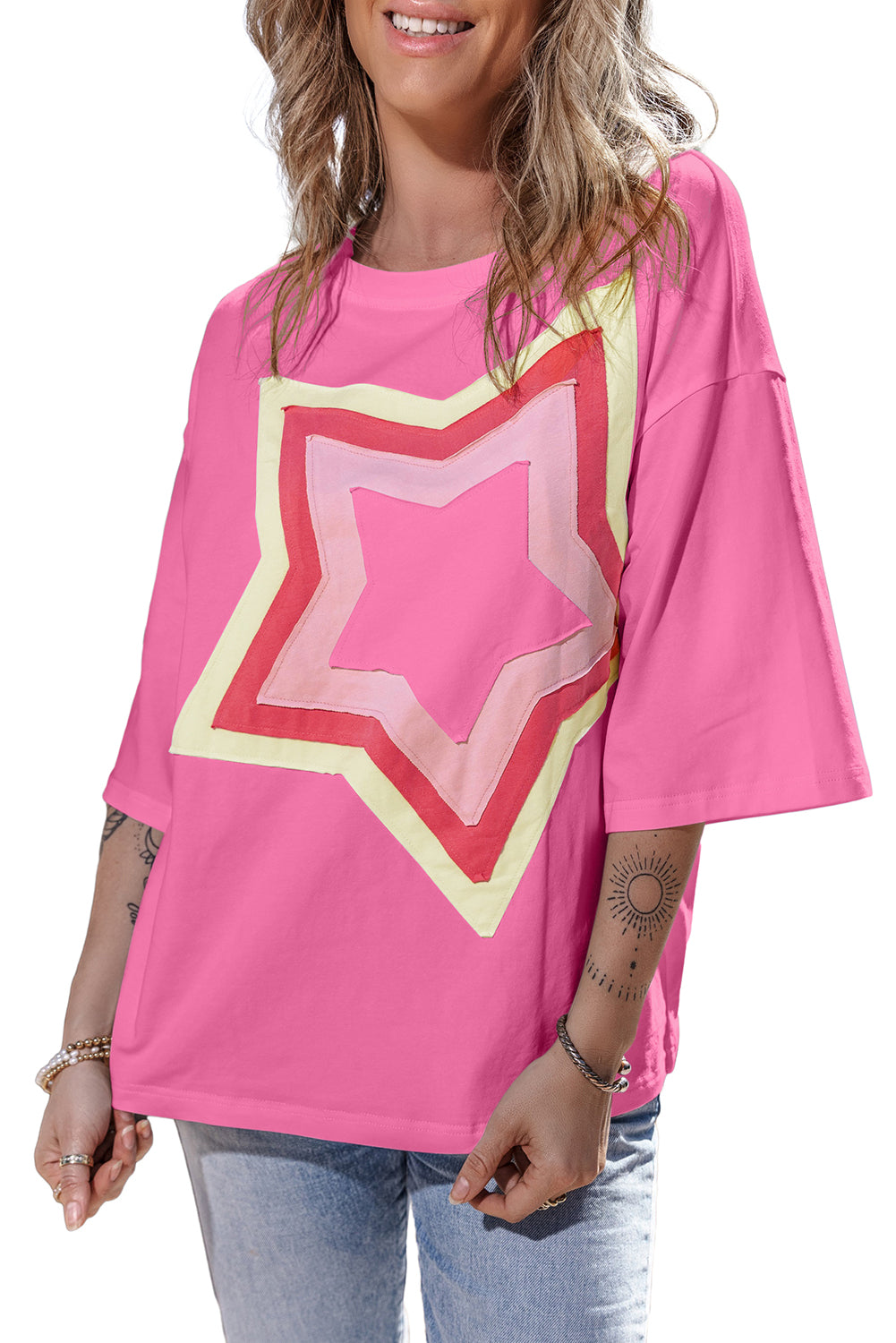 Colourblock Star Patched Half Sleeve Oversized Tee | Bonbon