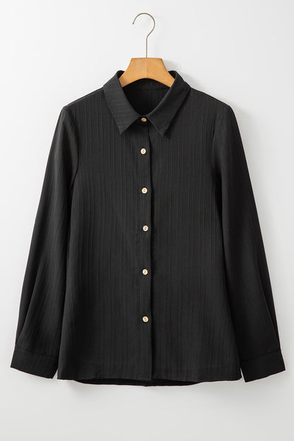 Solid Colour Textured Buttoned Turn Down Collar Shirt | Black