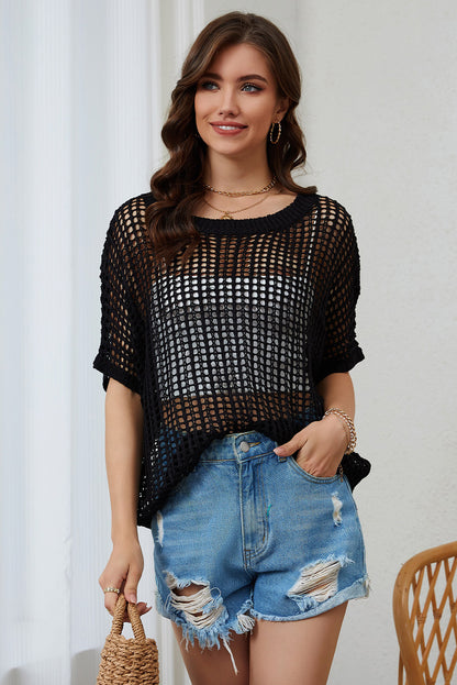 Fishnet Knit Ribbed Round Neck Short Sleeve Sweater Tee | Black