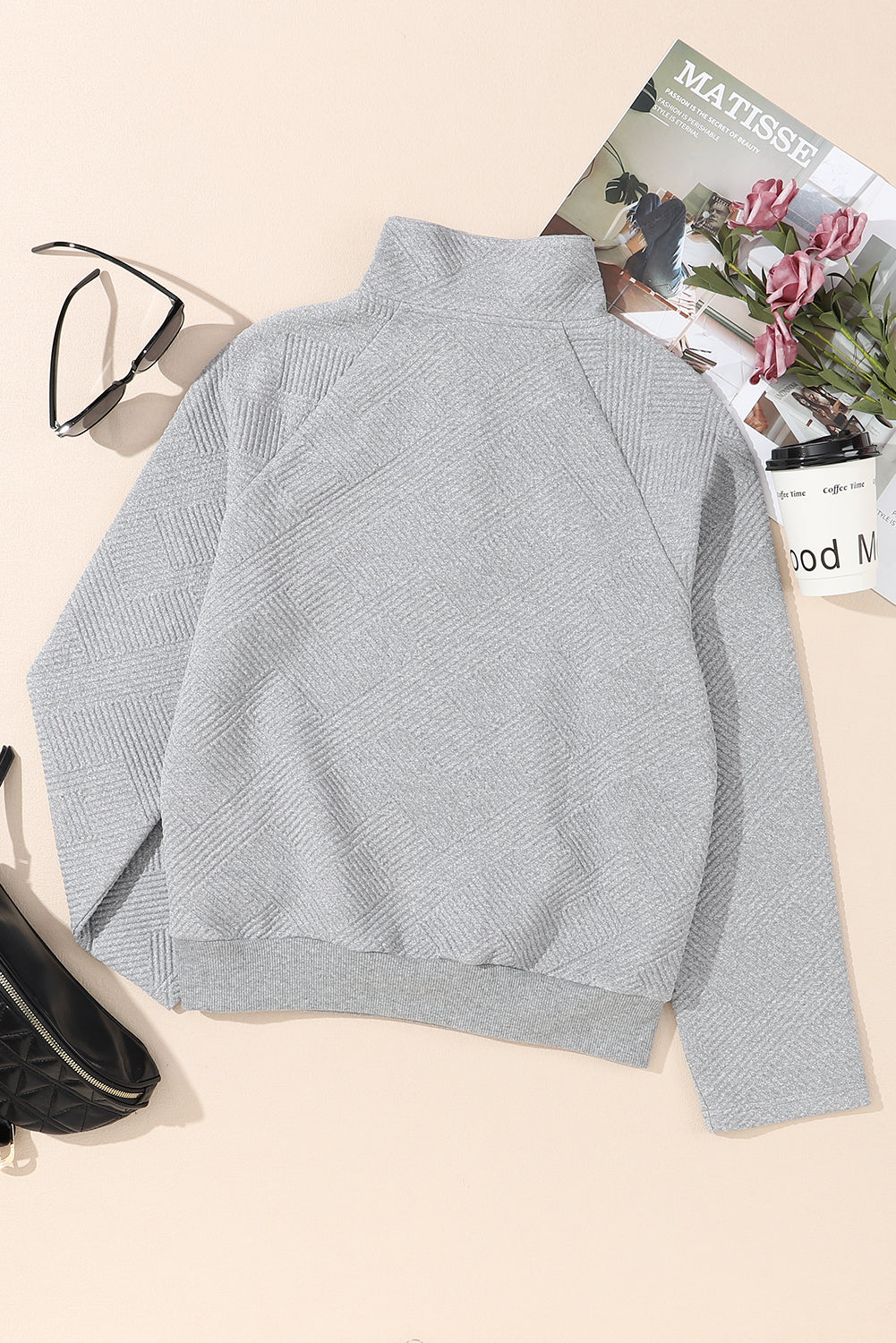 Textured Knit Buttoned Kangaroo Pocket Sweatshirt | Light Grey