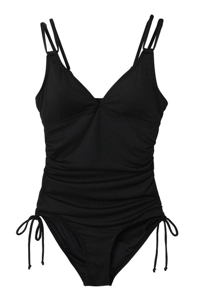 Adjustable Straps Ribbed Knit One Piece Swimsuit | Black