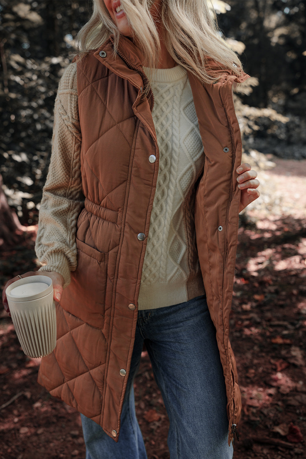 Longline Quilted Stand Collar Puffer Vest | Coffee