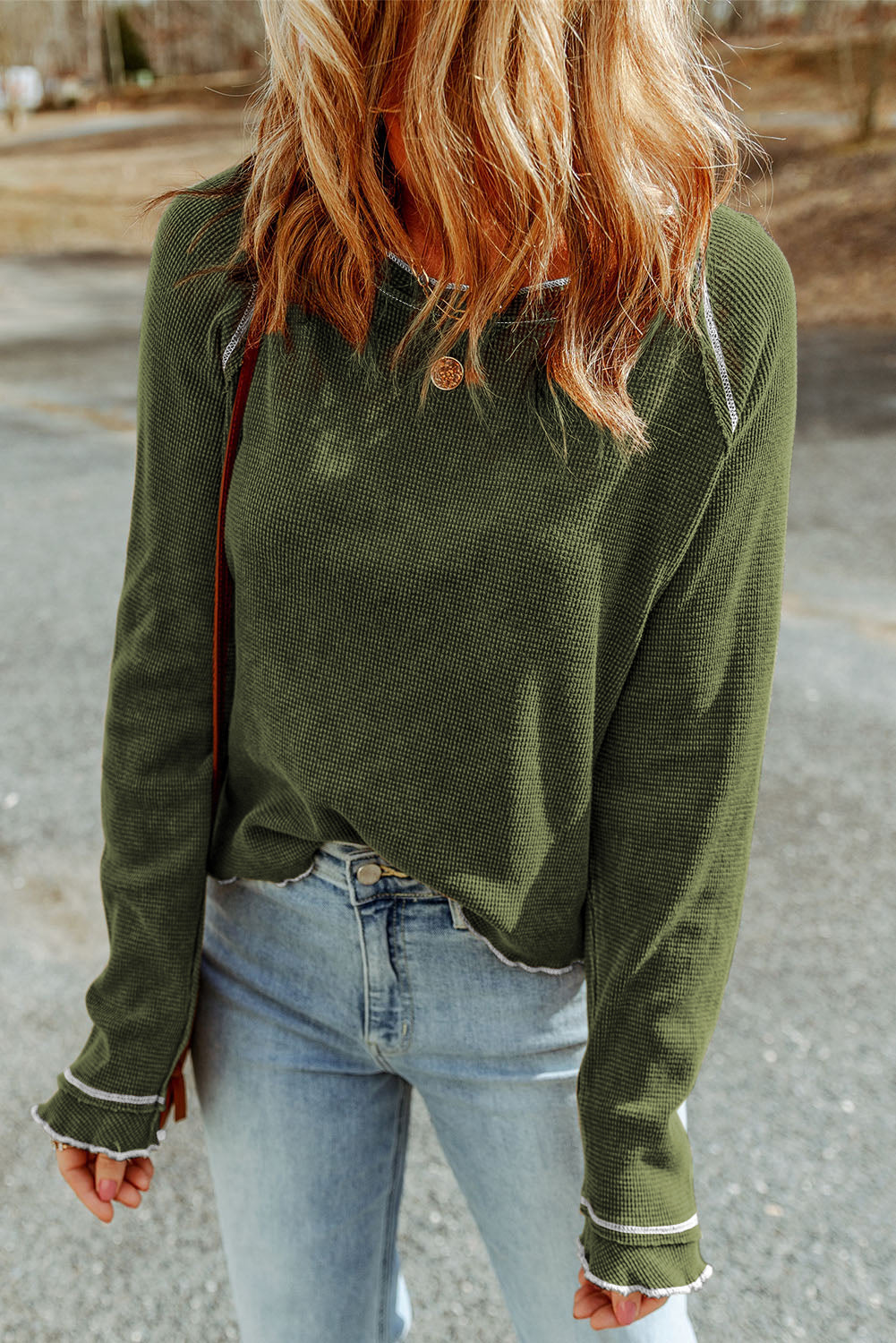 Green Textured Round Neck Long Sleeve Top | Pickle Green