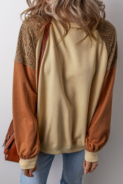 Khaki Lace Patchwork Colorblock Drop Shoulder Sweatshirt