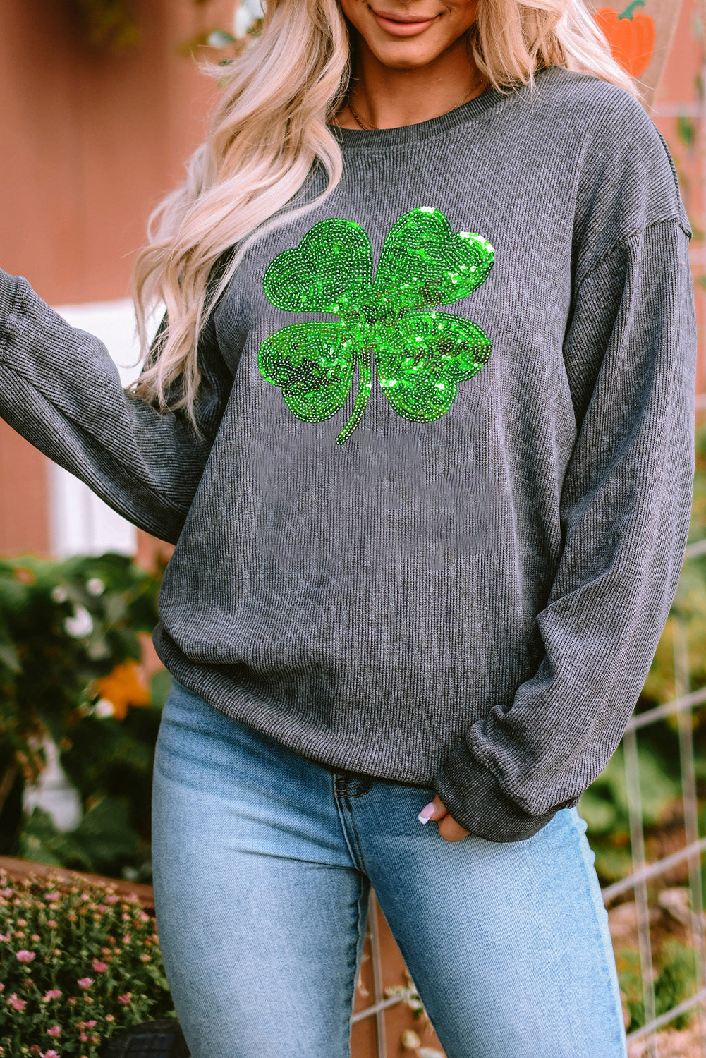 Sequin St Patrick Clover Patch Corded Sweatshirt | Gray