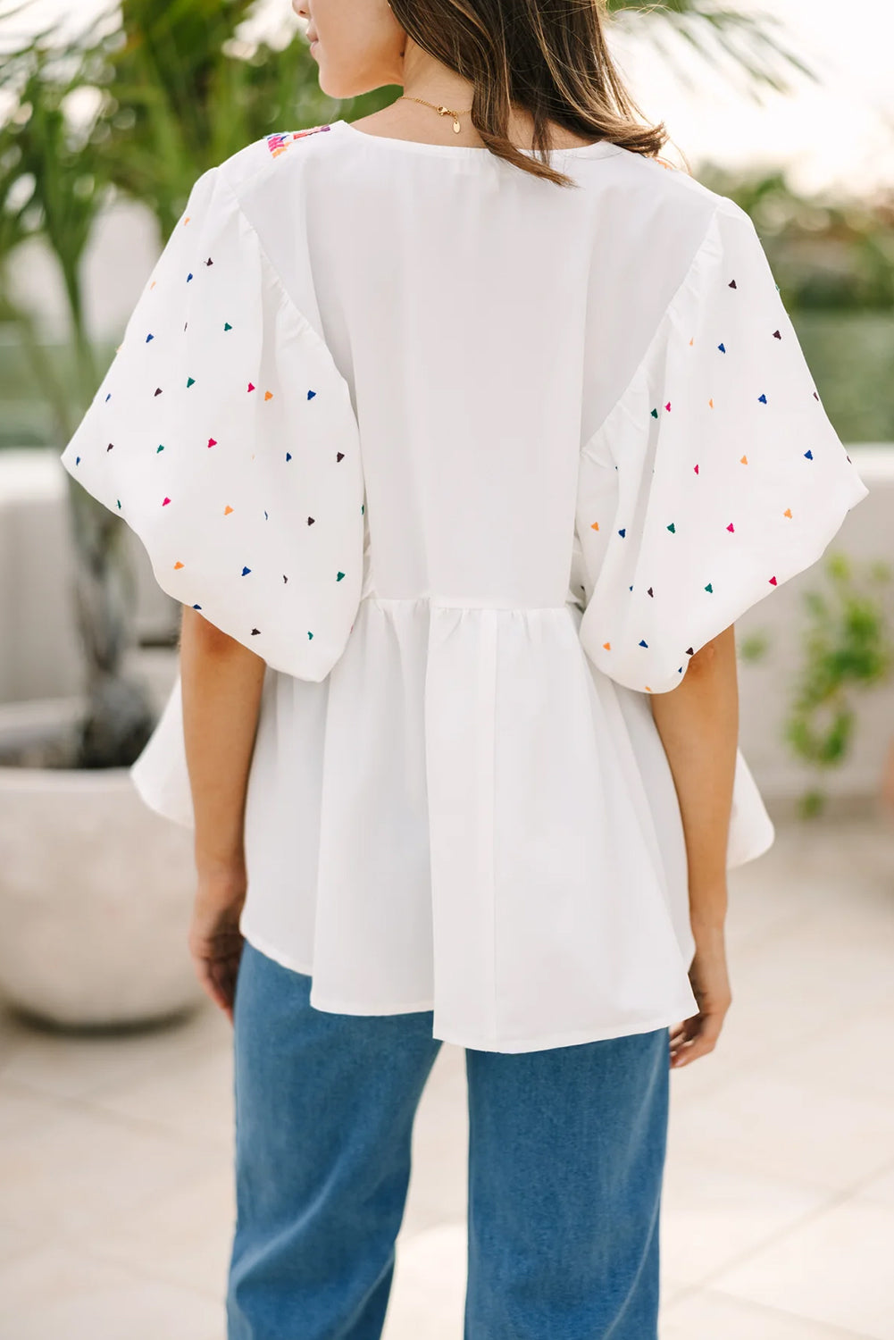 Embroidered Puff Sleeve V Neck Blouse | White