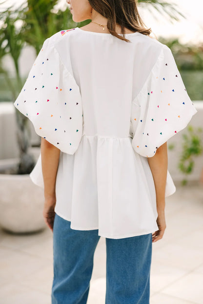 Embroidered Puff Sleeve V Neck Blouse | White