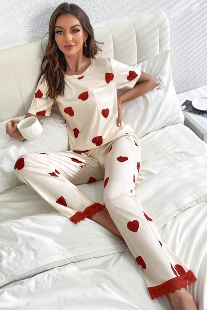 Valentines Heart Print Lace Hem Tee Pants Pajama Set | White