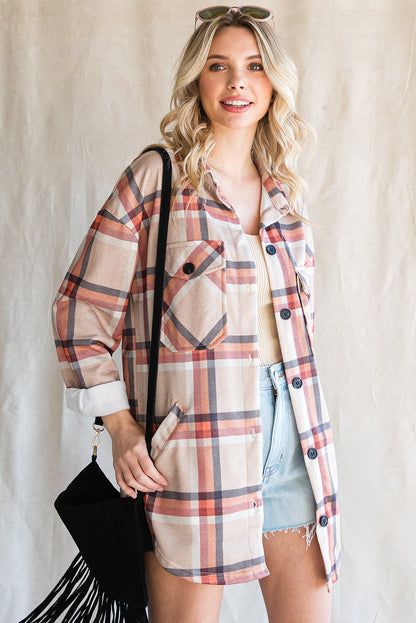 Chest Pockets Buttoned Oversized Plaid Shacket | Khaki