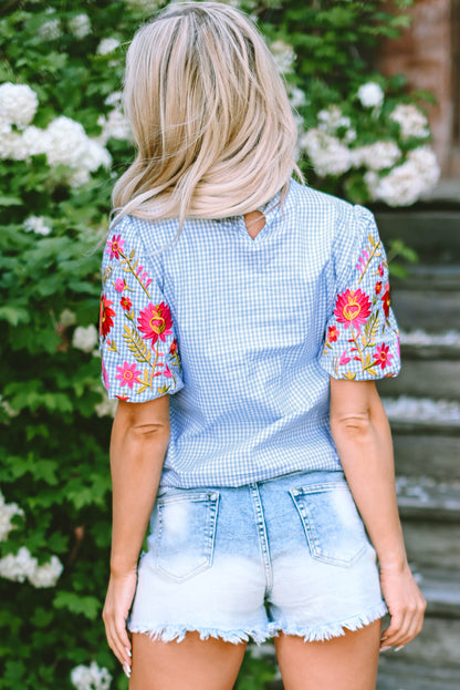 Gingham Floral Embroidered Puff Sleeve Blouse | Light Blue