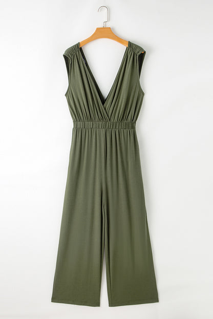 Deep V Pleated Crisscross Wide Leg Backless Jumpsuit | Jungle Green