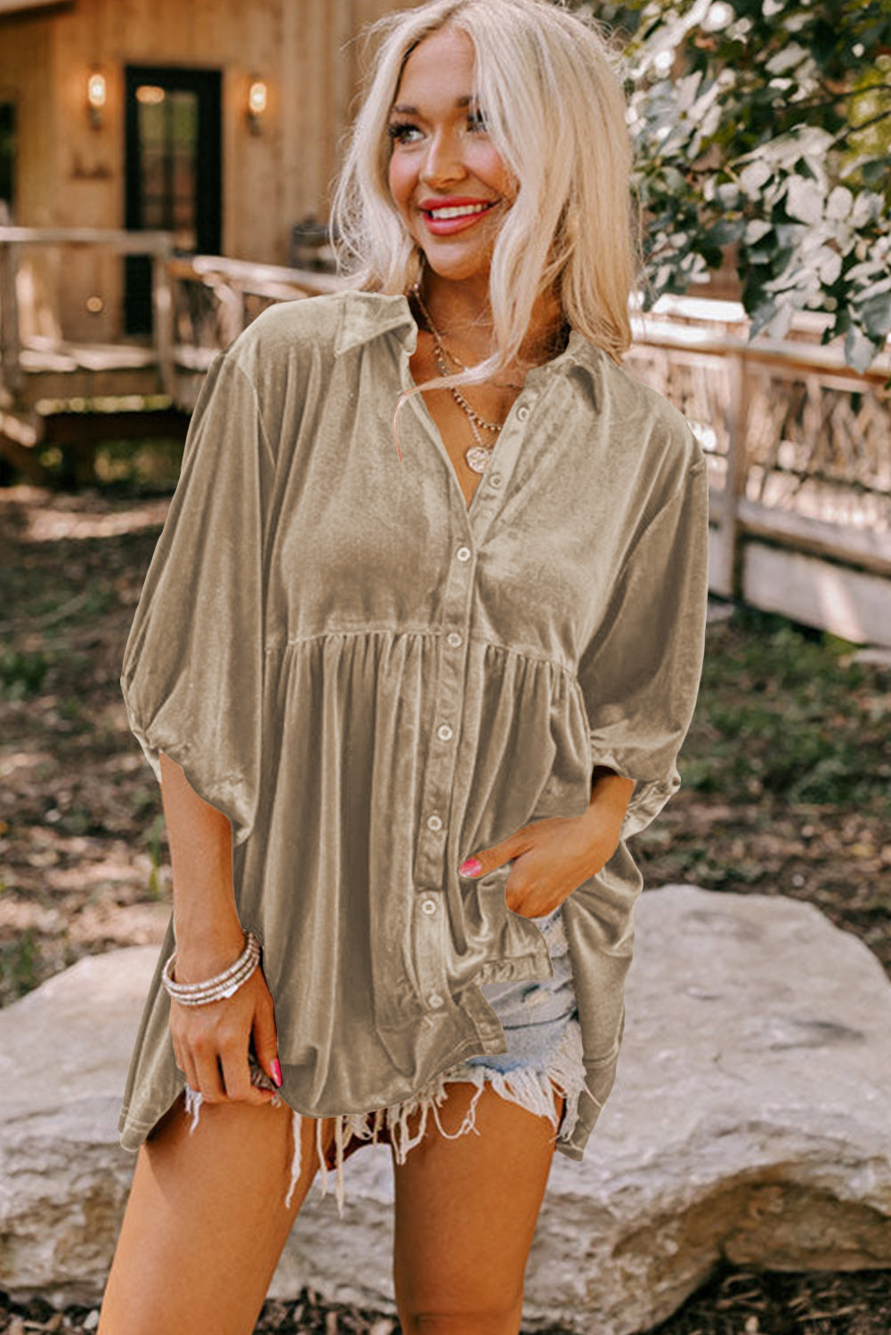 3/4 Sleeve Tunic Babydoll Velvet Shirt | Pale Khaki