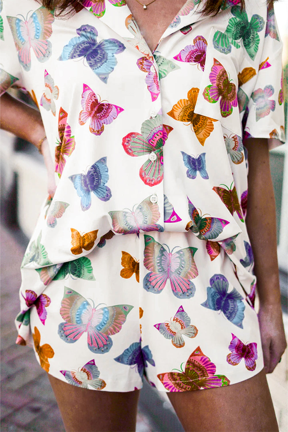 Butterfly Pattern Short Sleeve Shirt Pajamas Set | Multicolour