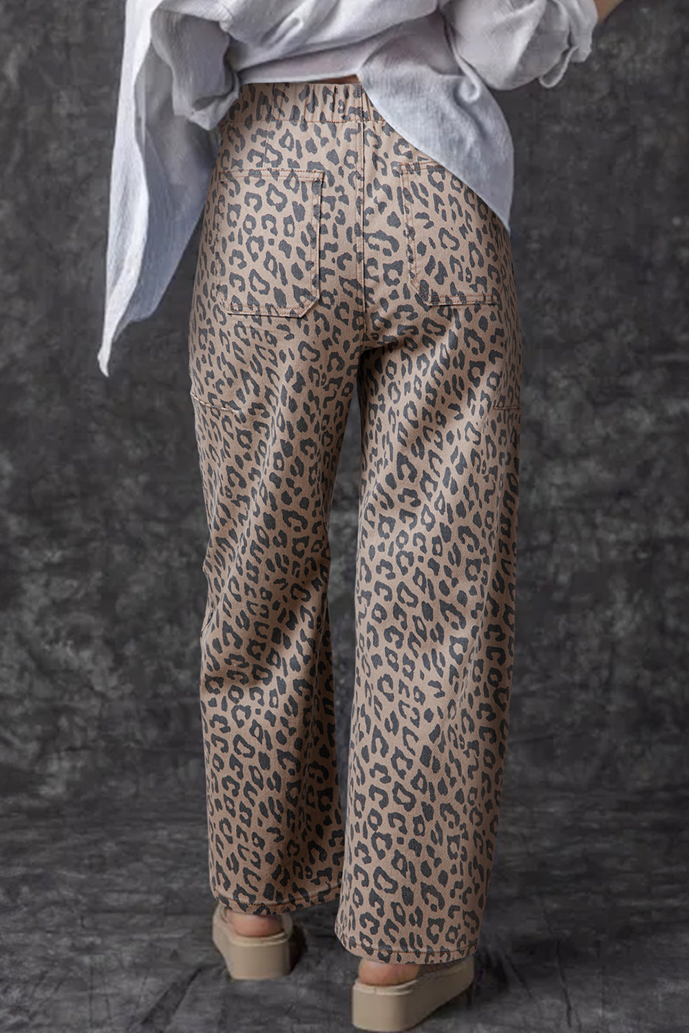 Leopard Printed Drawstring Waist Pocketed Wide Leg Jeans | Khaki