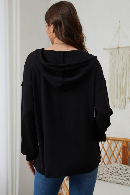 Buttoned High And Low Hem Hoodie | Black