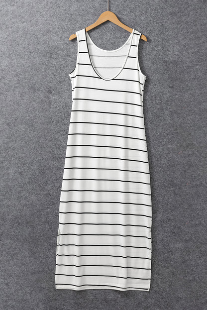 Stripe Print Open Back Sleeveless Maxi Dress With Slits | White