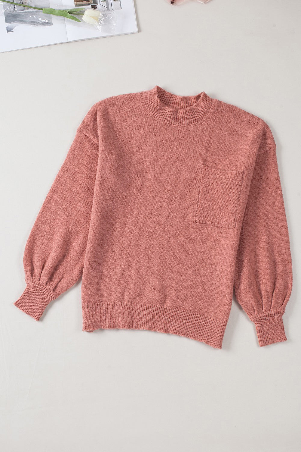 Solid Colour Puffy Sleeve Pocketed Sweater | Red