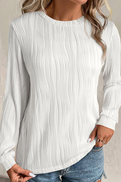 Textured Wavy Round Neck Long Sleeve Top | White