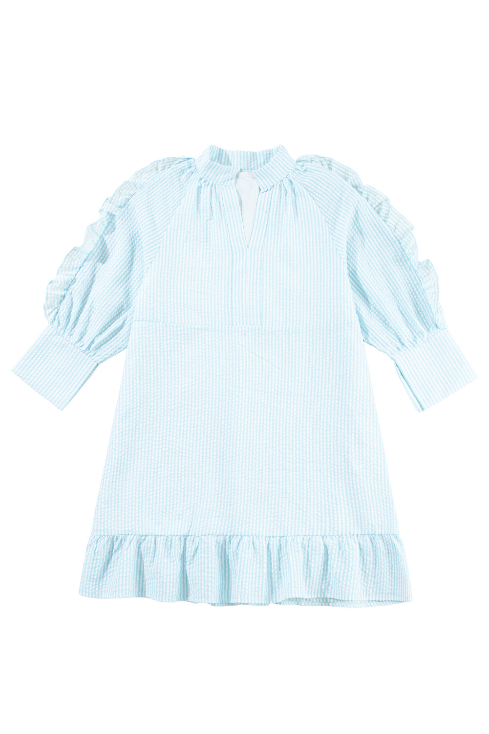 Seersucker Ruffled Puff Sleeve Stand Neck Mini Dress | Myosotis