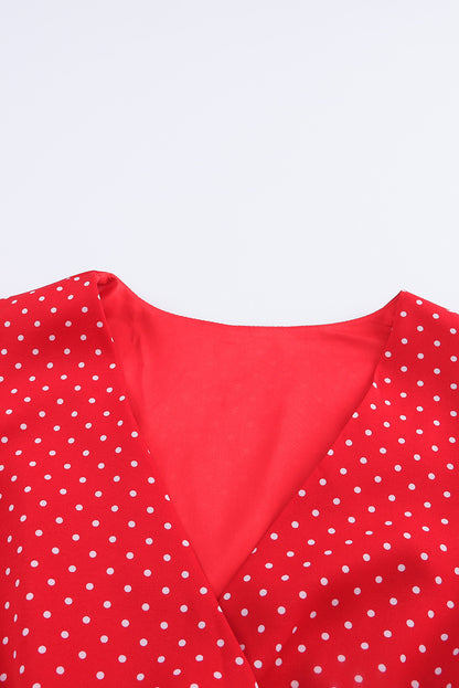 Fiery  Polka Dot V Neck Ruffle Sleeve Dress | Red