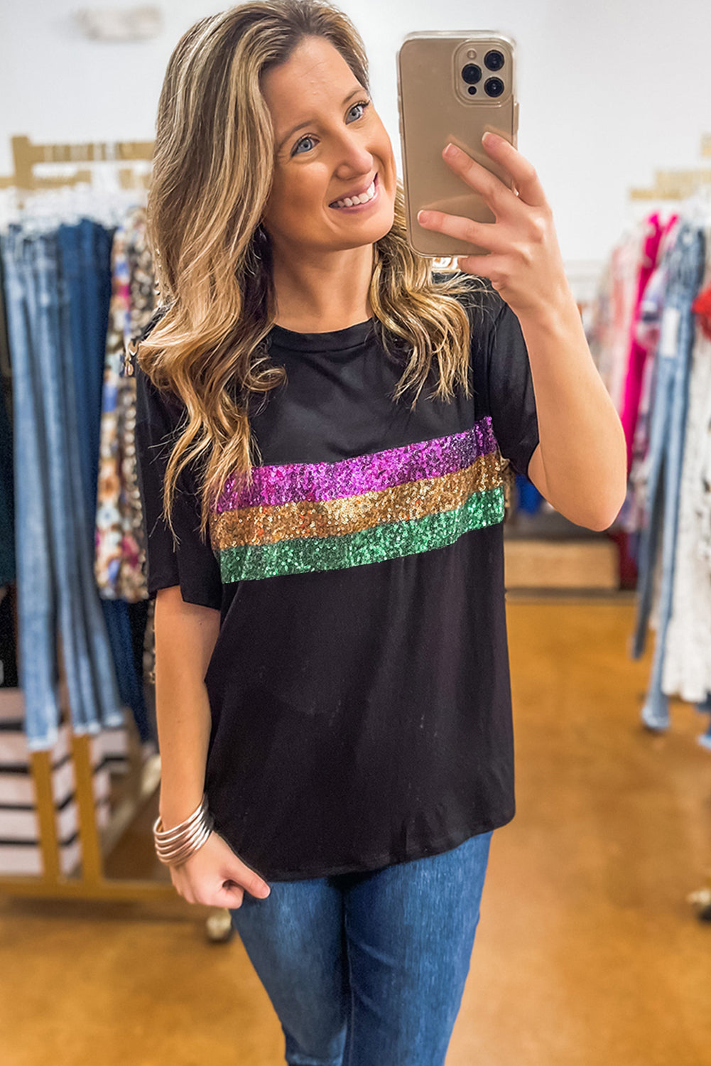 Sequin Stripes Patchwork Mardi Gras Crew Neck T Shirt | Black