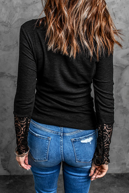 Crochet Lace Hem Sleeve Button Top | Black