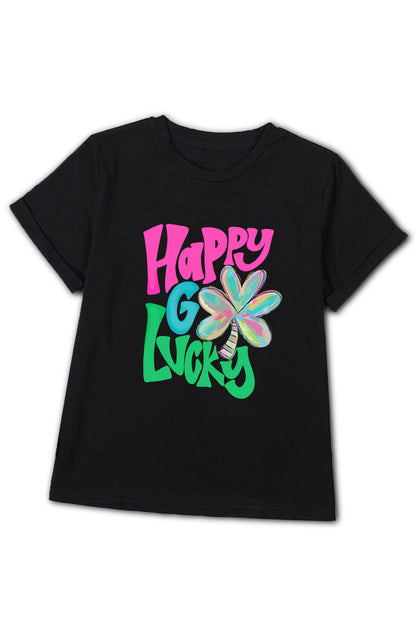 Happy Go Lucky Clover Print Crew Neck T Shirt | Black