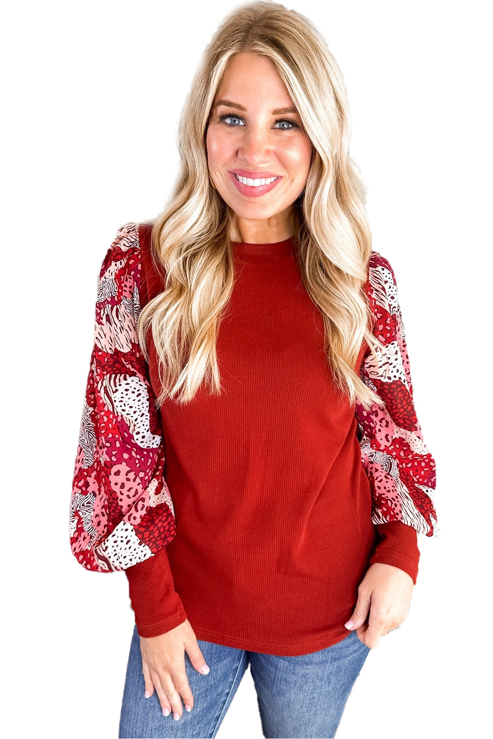 Contrast Mixed Animal Print Lantern Sleeve Patchwork Top | Fiery Red