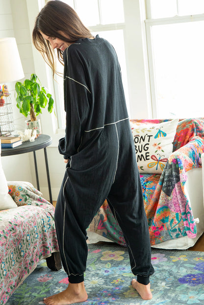 Flatlock Seam Detail V Neck Baggy Jumpsuit | Black