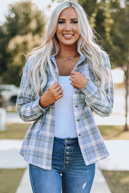 Plaid Print Pocket Drawstring Hooded Jacket | Sky Blue