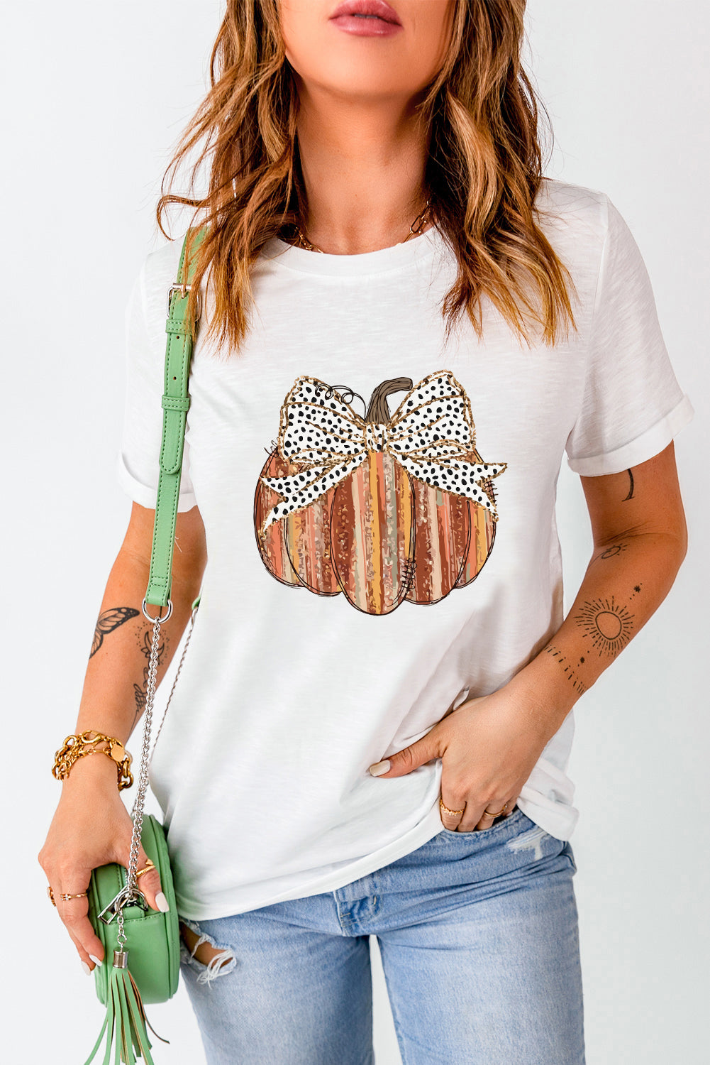 Thanksgiving Bow Knot Pumpkin Print Round Neck T Shirt | White